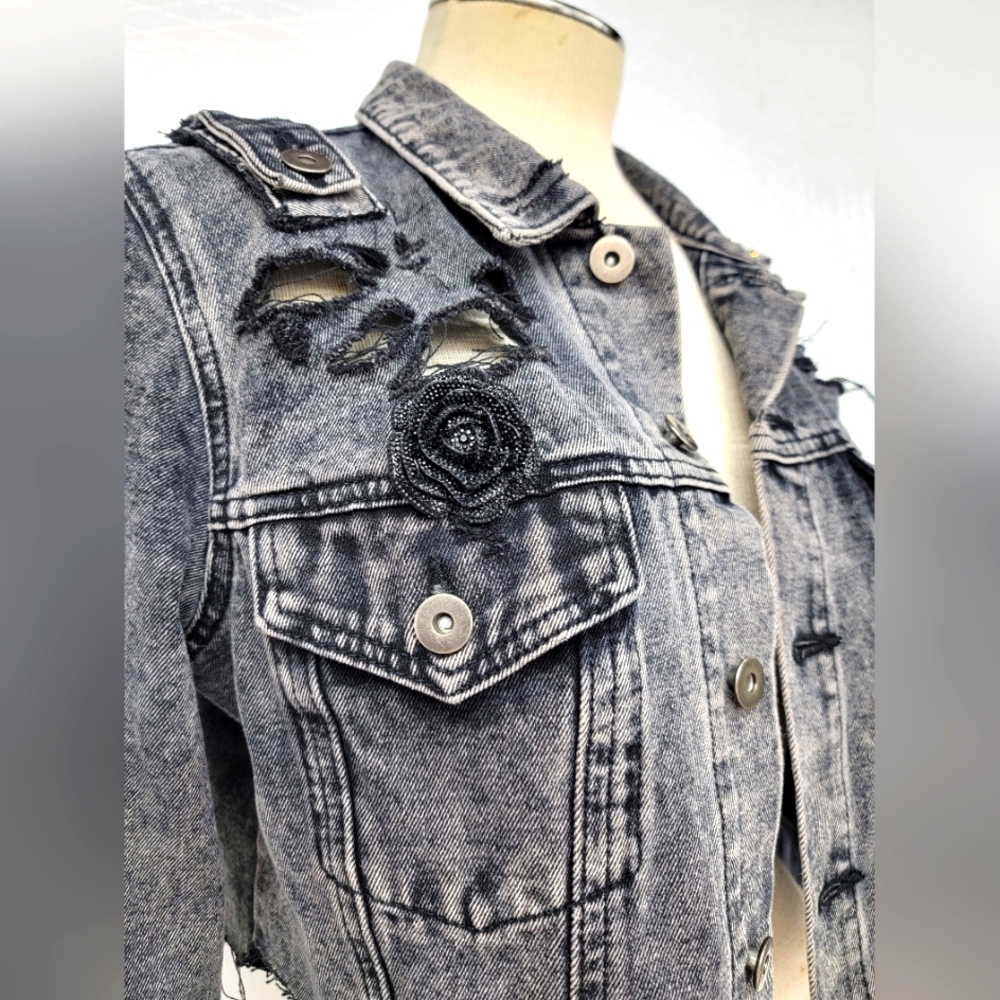 Rock Gothic Jean Jacket With Ed Hardy Eagle Graphics Upcycled Renewed - Picture 7 of 12
